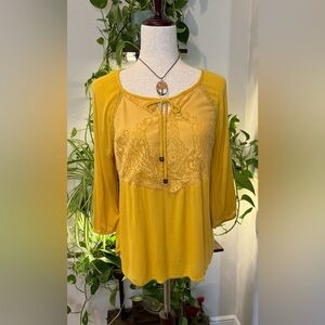 Fig and Flower Mustard Lace Accent Blouse